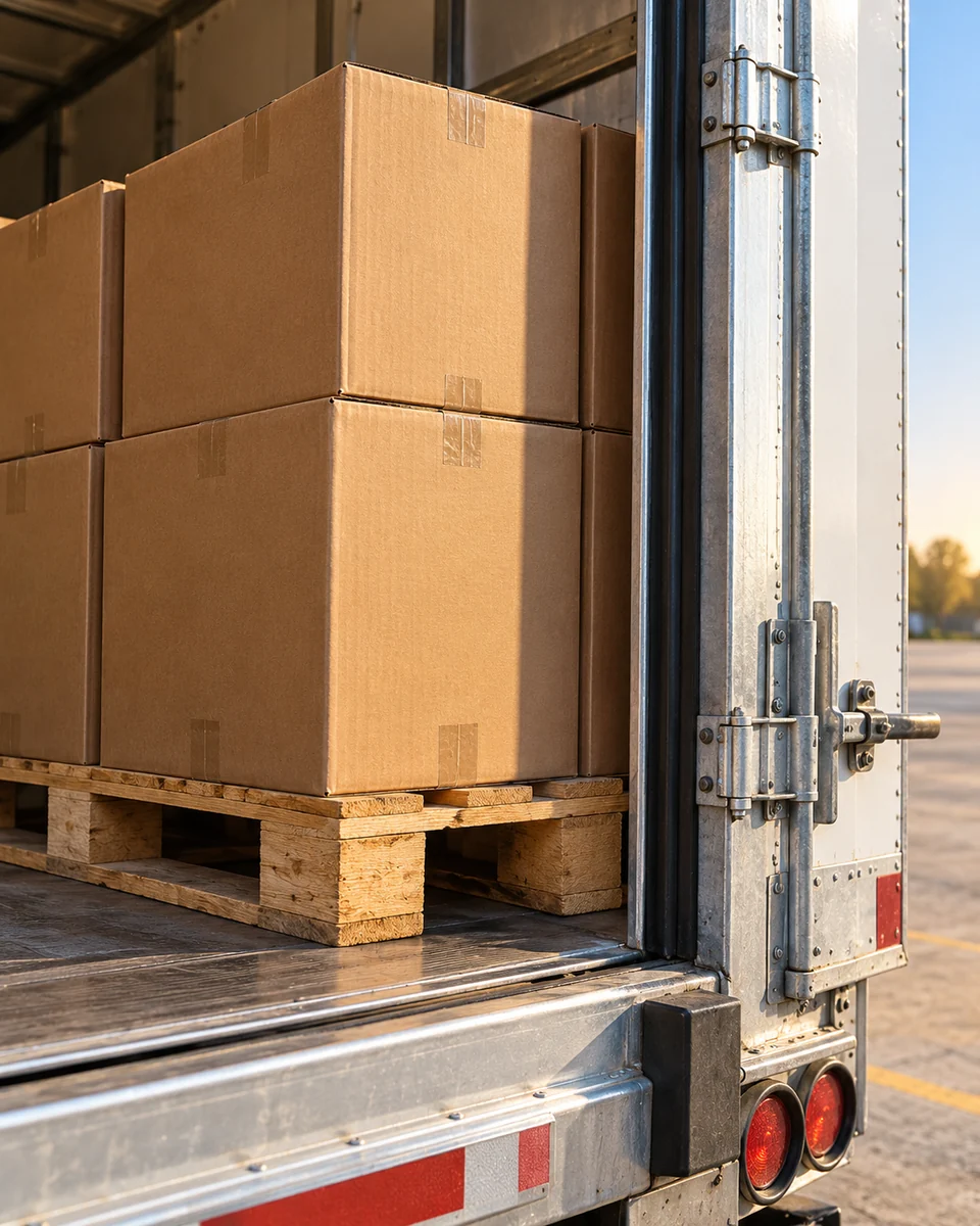 AI-generated illustrative cargo cartons on a wooden pallet beside freight trailer door hardware