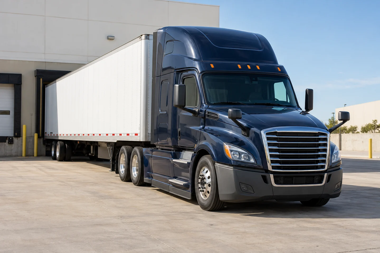 AI-generated illustrative photograph of a navy semi-truck and white trailer beside a California loading dock