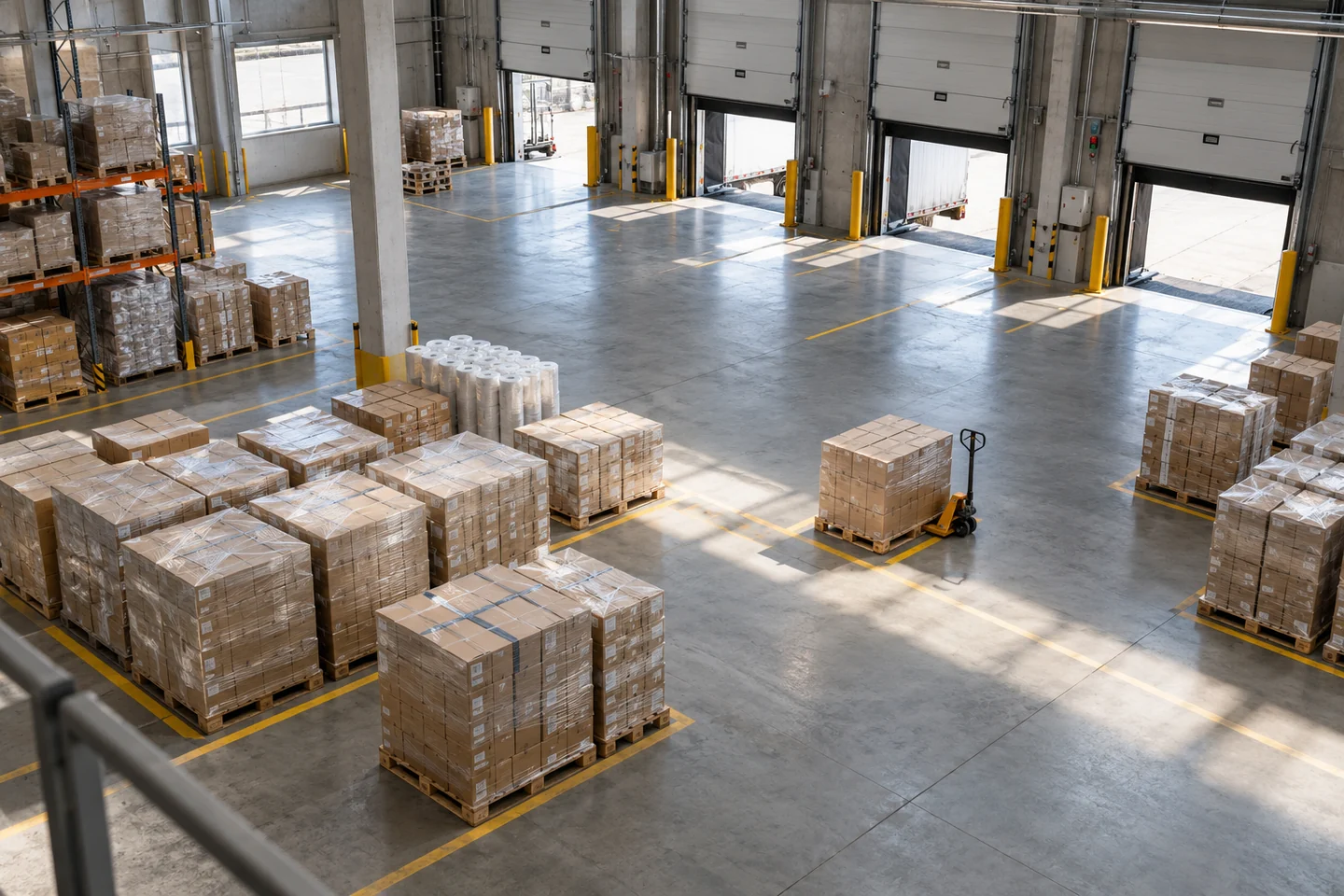 AI-generated illustrative receiving floor with organized wrapped pallets and a manual pallet jack